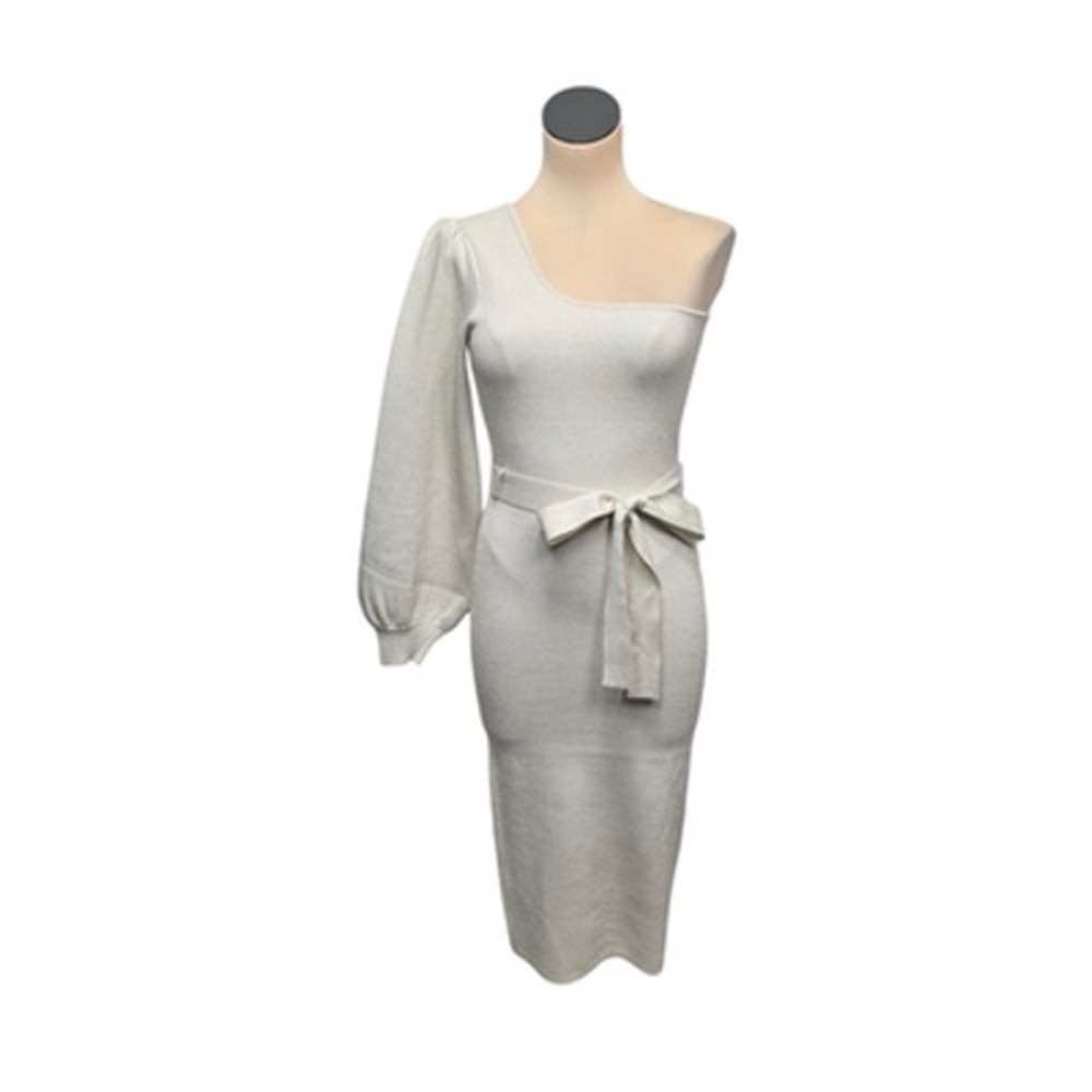 Lulus Dress Womens Medium White One Shoulder Midi Knit‎ Metallic Belted Party S
